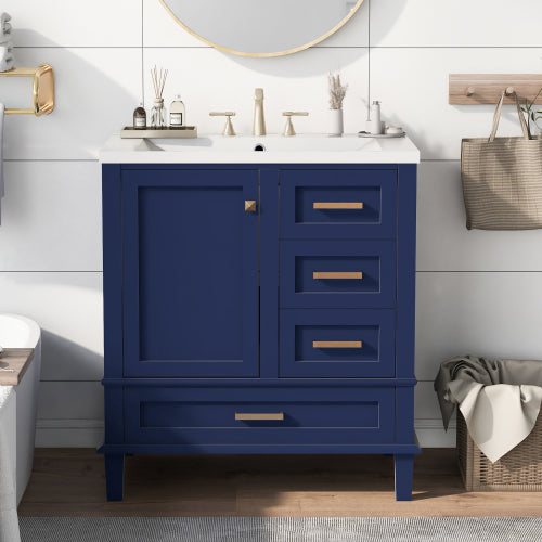 30" Bathroom Vanity , Modern Bathroom Cabinet with Sink Combo Set, Bathroom Storage Cabinet with a Soft Closing Door and 3 Drawers, Solid Wood Frame(Blue)