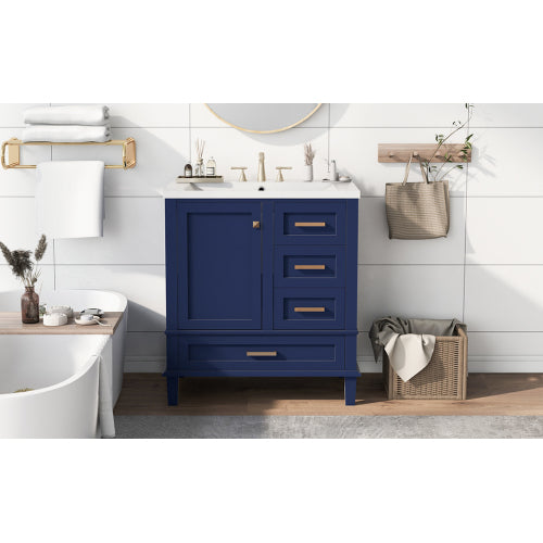 30" Bathroom Vanity , Modern Bathroom Cabinet with Sink Combo Set, Bathroom Storage Cabinet with a Soft Closing Door and 3 Drawers, Solid Wood Frame(Blue)