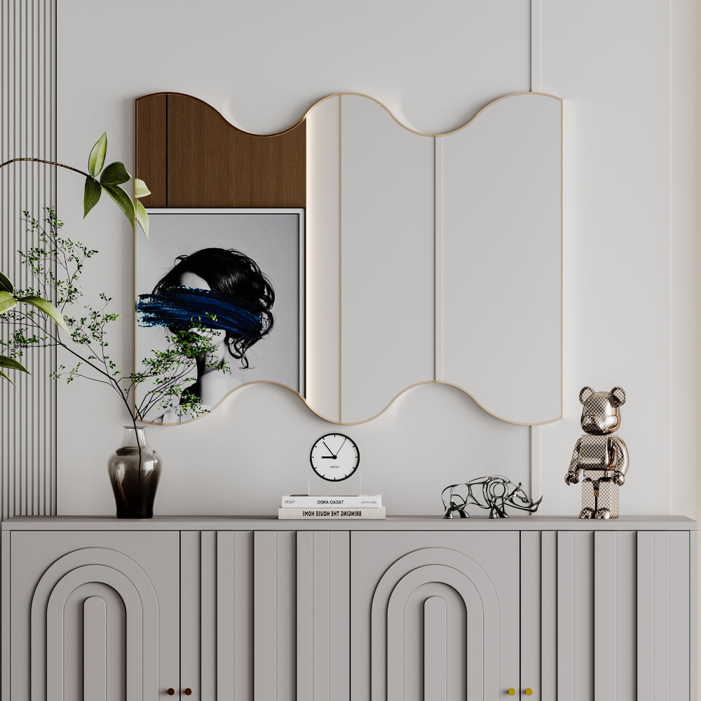 Wall Mirror 30x35 Inch Black Rectangular Mirror with 2 Wavy Sides Metal Framed Mirror Vanity Mirror Dressing Mirror, for Bathroom, Living Room, Bedroom Wall Decor