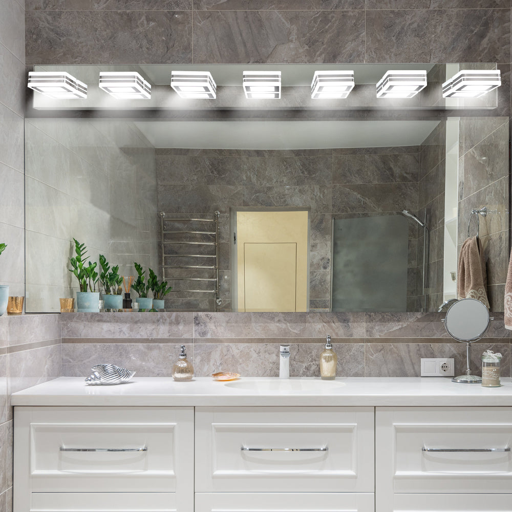 (Same as W1340103888/L2006) 32" Modern Chrome 5-Light LED Vanity Light, Square Acrylic Lampshades Wall Mount Fixture for Bathroom, Mirror Lighting