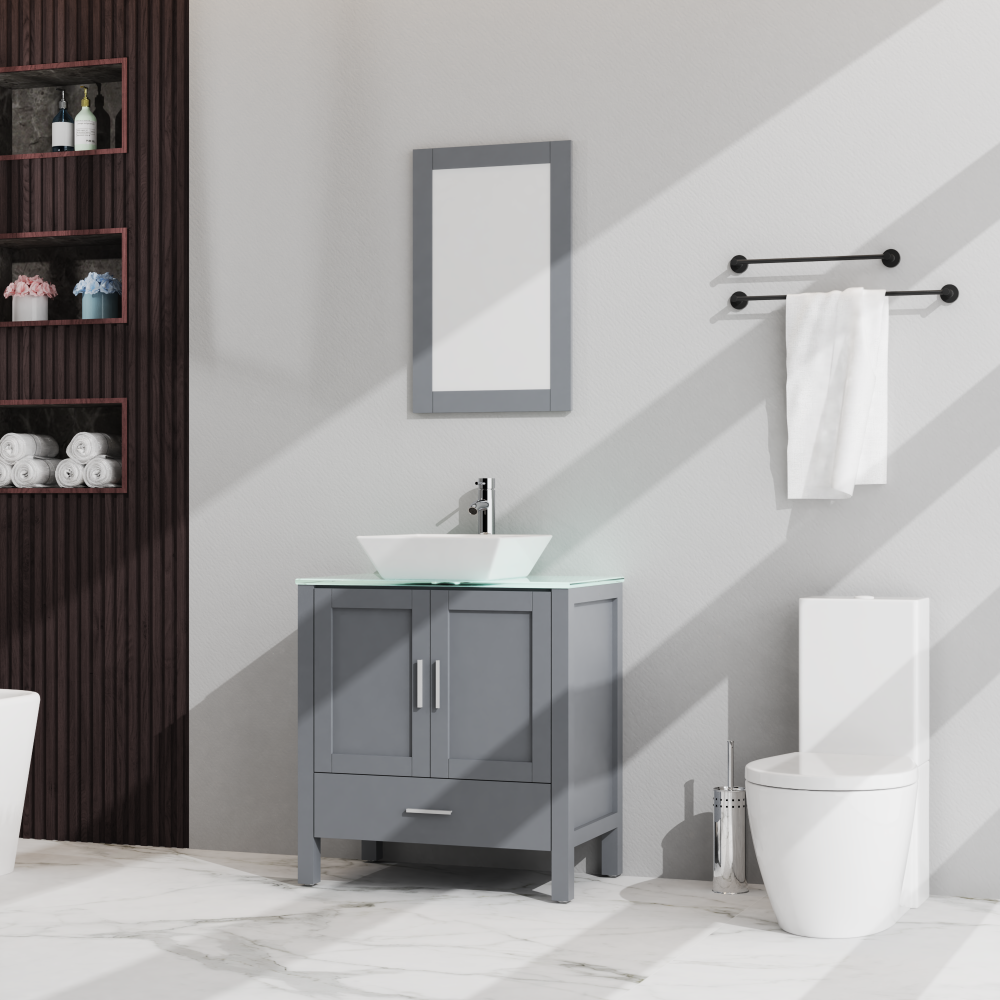 Goodyo 30" Bathroom Vanity and Sink Combo Glass Top Cabinet w/Mirror, Gray