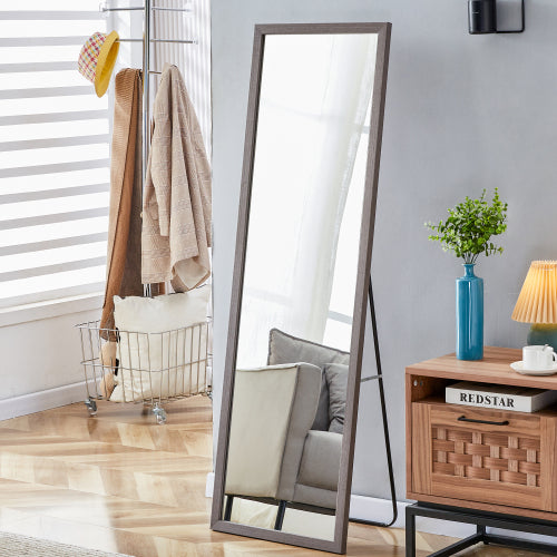 Third generation packaging upgrade, thickened border, brown wood grain solid wood frame full length mirror, dressing mirror, bedroom entrance, decorative mirror, and floor standing mirror. 57.9"*18.1"