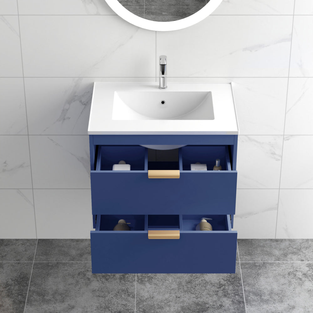 24" floating wall mounted bathroom vanity with white ceramic sink and drawer storage