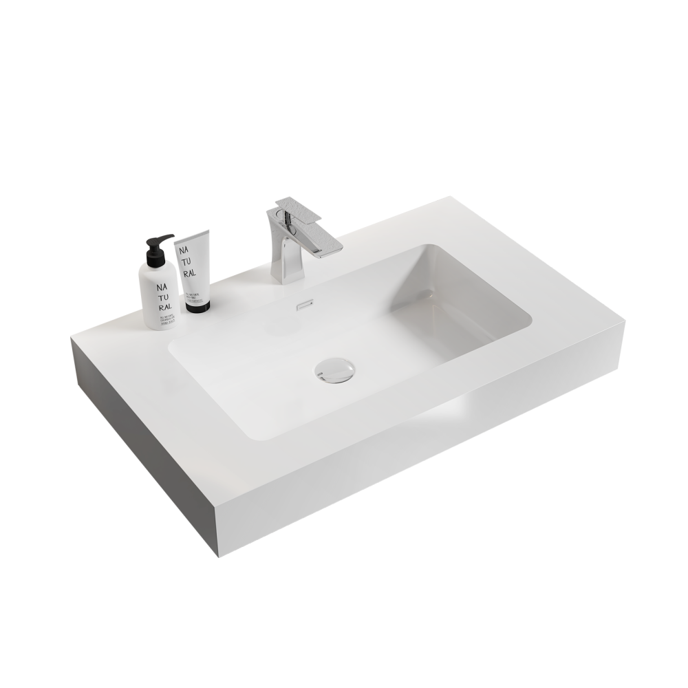BB02-24-101, Integrated solid surface basin WITHOUT drain & faucet, glossy white color