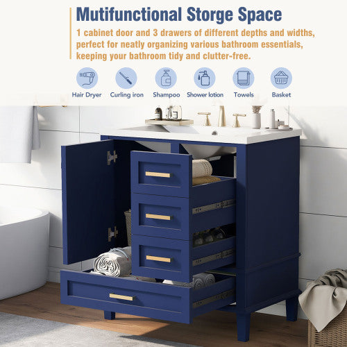 30" Bathroom Vanity , Modern Bathroom Cabinet with Sink Combo Set, Bathroom Storage Cabinet with a Soft Closing Door and 3 Drawers, Solid Wood Frame(Blue)