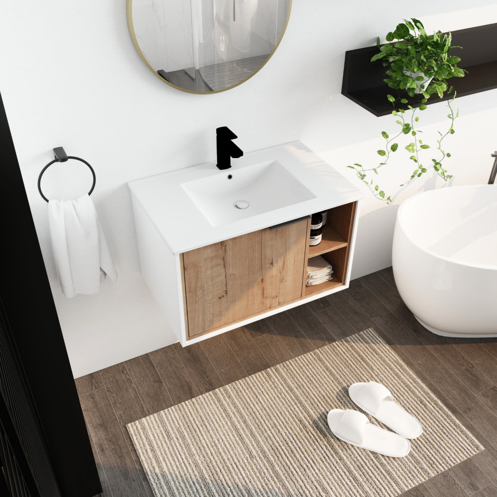 Melamine cabinet 30'' Floating Wall-Mounted Bathroom Vanity with Ceramics Sink & Soft-Close Cabinet Door