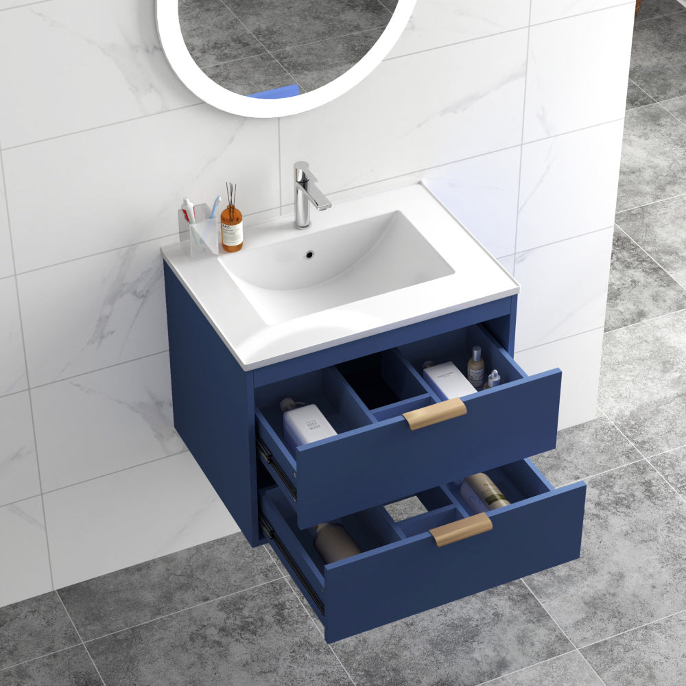 24" floating wall mounted bathroom vanity with white ceramic sink and drawer storage