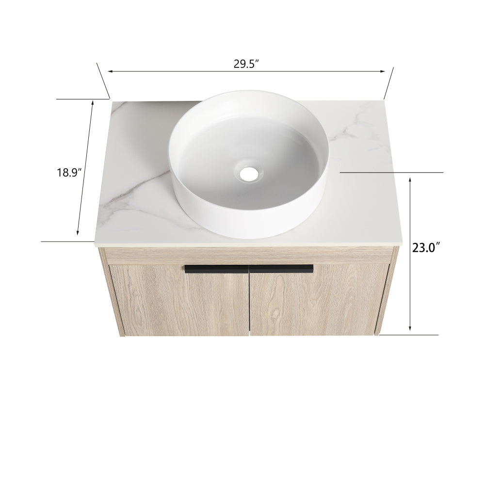 30 " Modern Design Float Bathroom Vanity With Ceramic Basin Set, Wall Mounted White Oak Vanity With Soft Close Door,KD-Packing,KD-Packing,2 Pieces Parcel(TOP-BAB400MOWH)