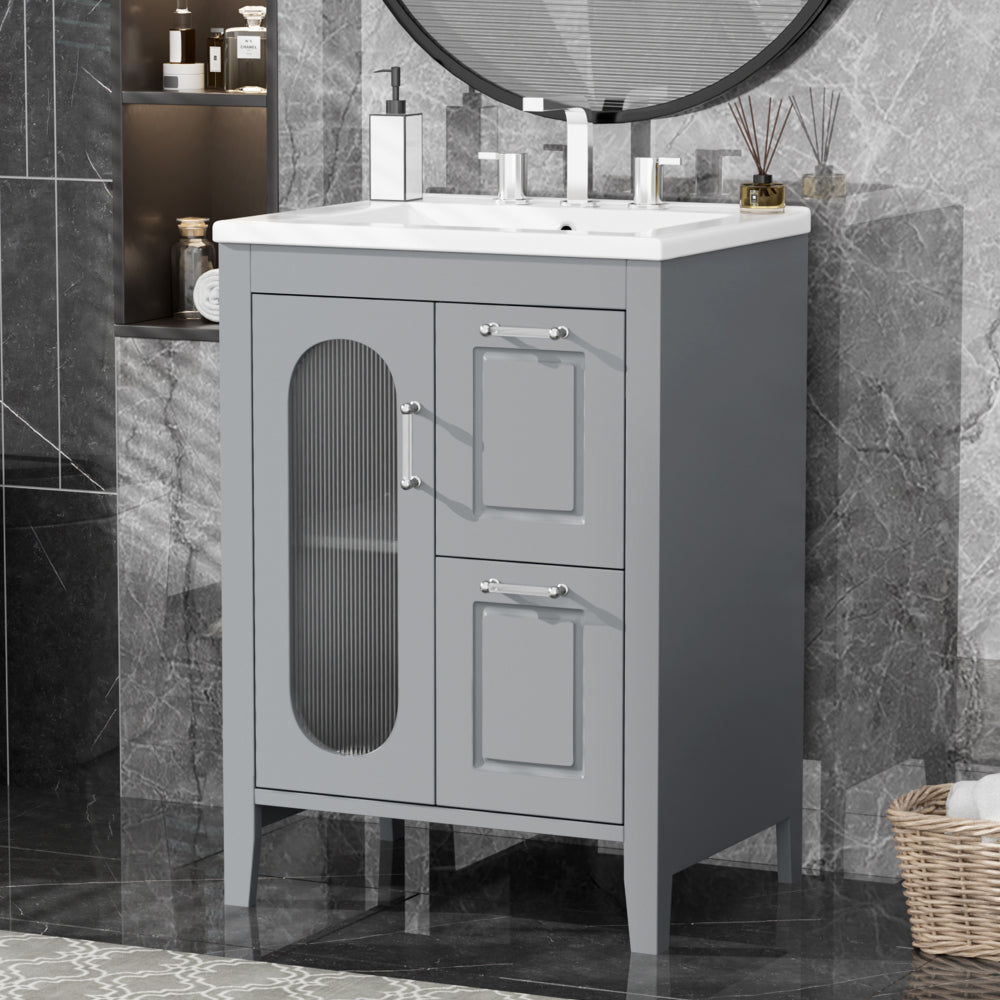 24" Bathroom Vanity with Sink, Bathroom Vanity Cabinet with Two Drawers and Door, Adjustable Shelf, Solid Wood and MDF, Black