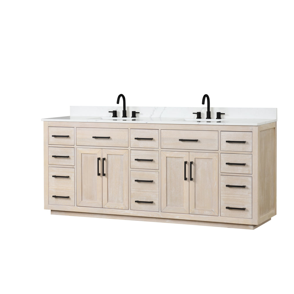84" Bathroom Vanity with Double Sink, Modern Bathroom Vanity Set with Soft-Close Cabinet and 9 Drawers, Solid Wood Bathroom Storage Cabinet with Countertop and Backsplash, Milk Oak