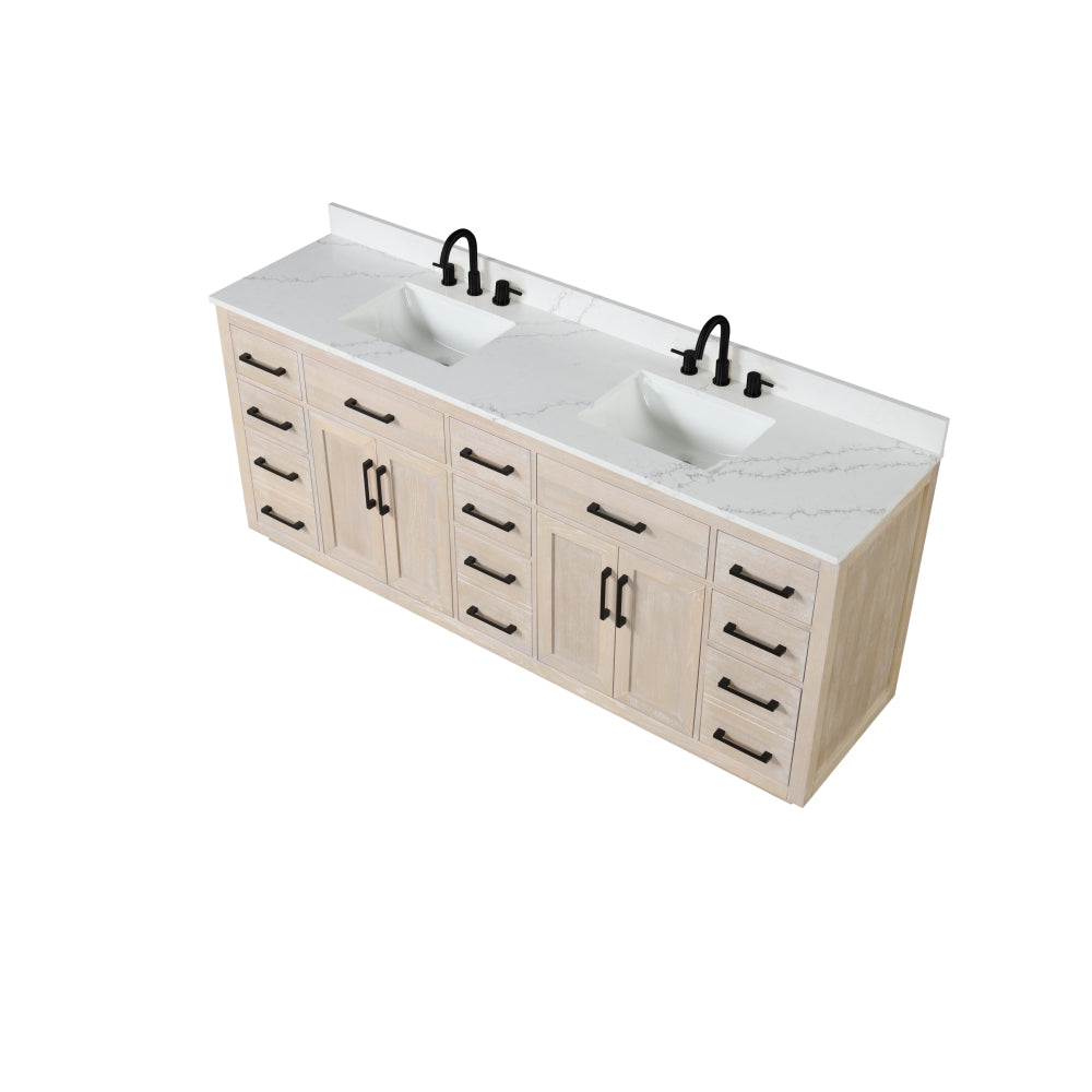 84" Bathroom Vanity with Double Sink, Modern Bathroom Vanity Set with Soft-Close Cabinet and 9 Drawers, Solid Wood Bathroom Storage Cabinet with Countertop and Backsplash, Milk Oak