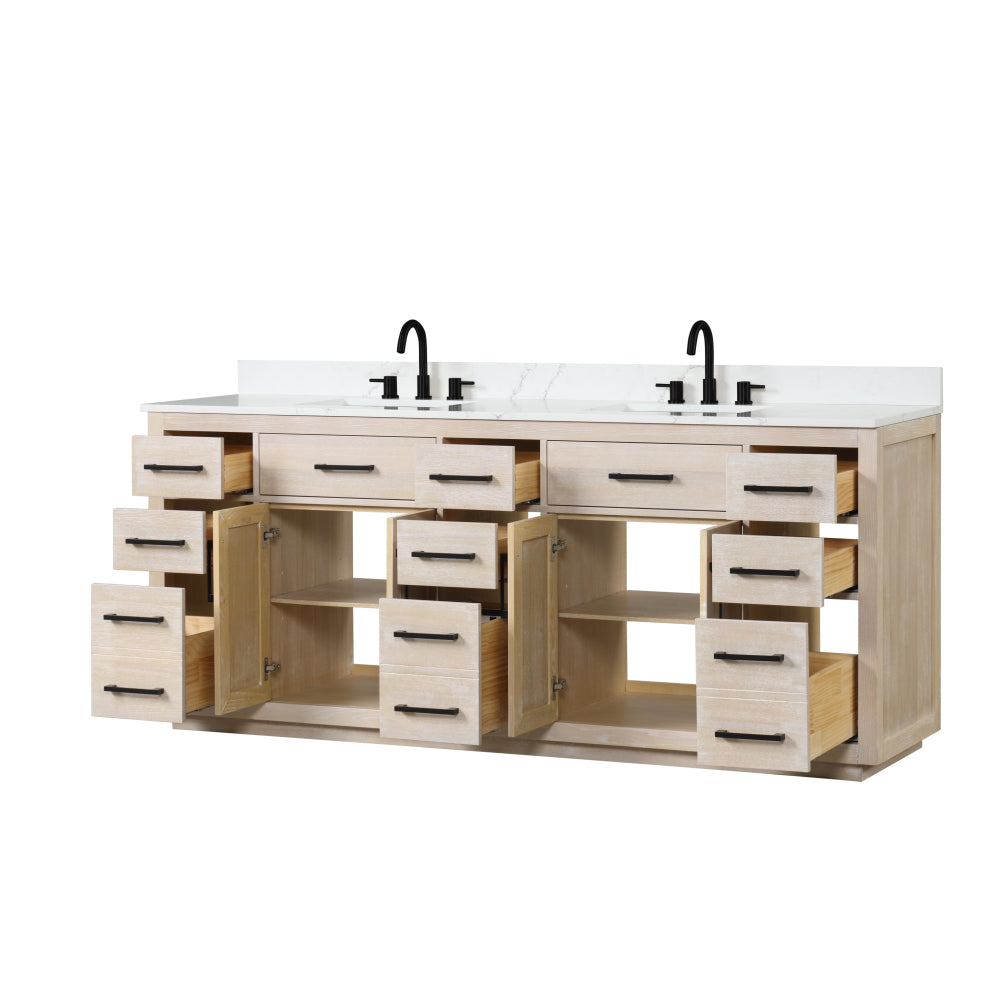 84" Bathroom Vanity with Double Sink, Modern Bathroom Vanity Set with Soft-Close Cabinet and 9 Drawers, Solid Wood Bathroom Storage Cabinet with Countertop and Backsplash, Milk Oak