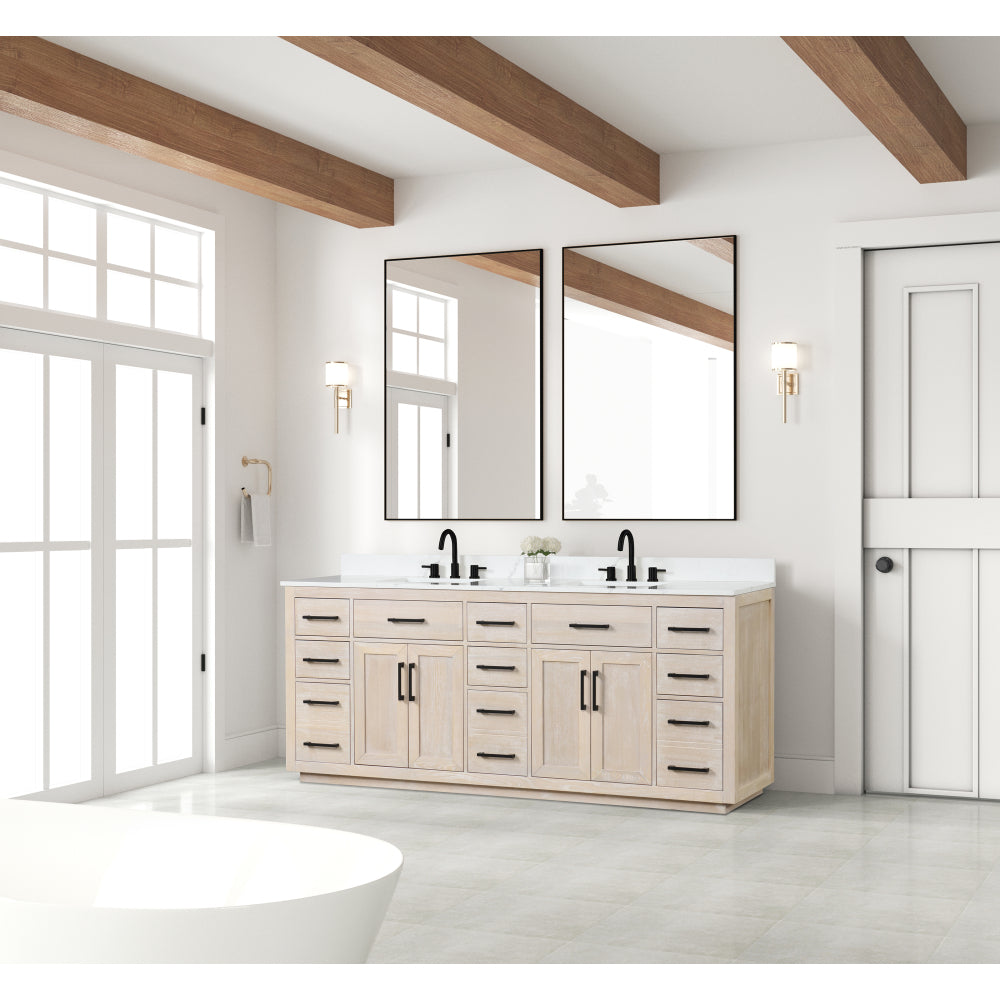 84" Bathroom Vanity with Double Sink, Modern Bathroom Vanity Set with Soft-Close Cabinet and 9 Drawers, Solid Wood Bathroom Storage Cabinet with Countertop and Backsplash, Milk Oak