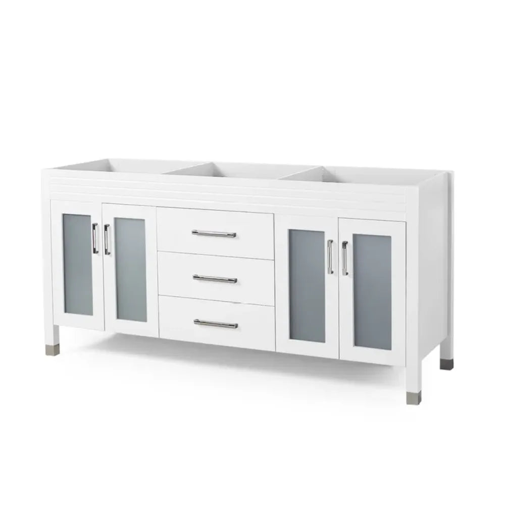 73'' Bathroom Vanity with Marble Top & Double Ceramic Sinks, 4 Doors with Glass, 3 Drawers, White