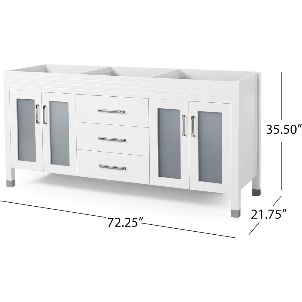 73'' Bathroom Vanity with Marble Top & Double Ceramic Sinks, 4 Doors with Glass, 3 Drawers, White