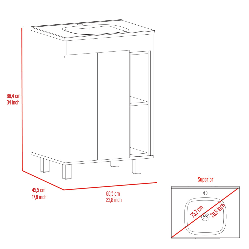 24" Meka Vanity, Two External Shelves, Double Door Cabinet -White