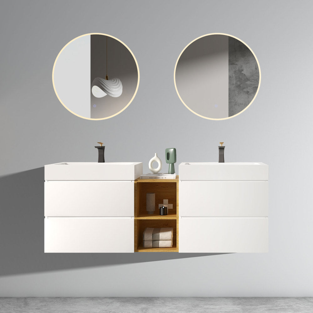 Alice 36" White Bathroom Vanity with Sink, Large Storage Wall Mounted Floating Bathroom Vanity for Modern Bathroom, One-Piece Black Sink Basin without Drain and Faucet, Pre-assembled