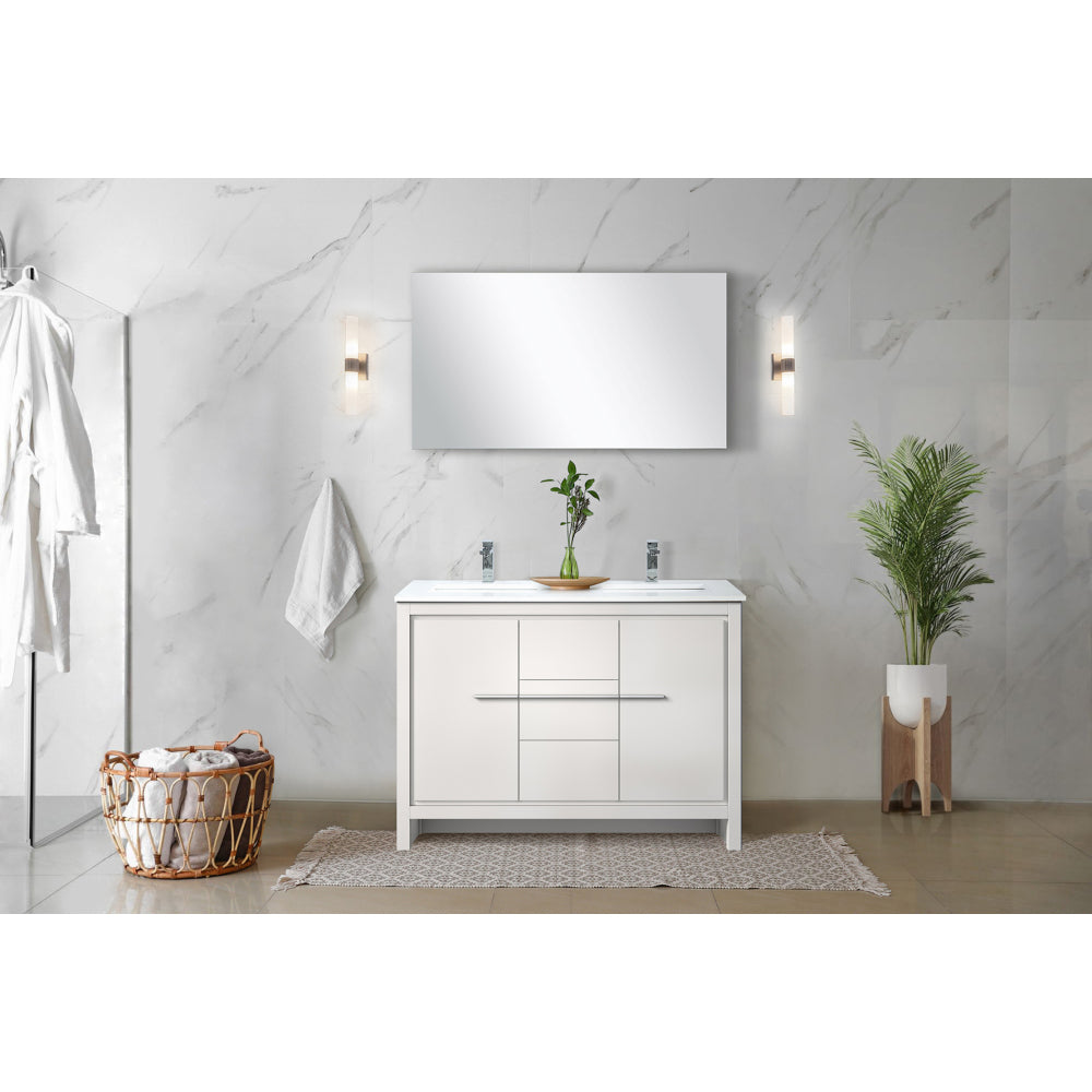White Double Bath Vanity 48 in. W x 20 in. D, White Quartz Top, Chrome Faucet Set and 43 in. Mirror