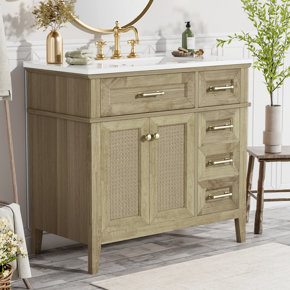 36" Bathroom Vanity with Ceramic Sink, Rubberwood Frame, 2 Soft Close Doors, 1 Flip-Down Drawer, 1 Shallow Drawer, 1 Deep Drawer, Adjustable Shelf, Space-Saving Design for Small Bathrooms