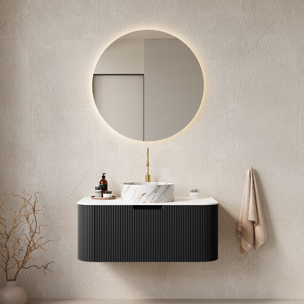 DINA 24" Bathroom Vanity with Sink, Wall-Mounted Floating Curved Edges Striped Bathroom Storage Cabinet with Drawer, White Round Ceramic Basin with Stone Pattern, Pre-assembled, Light Green Color