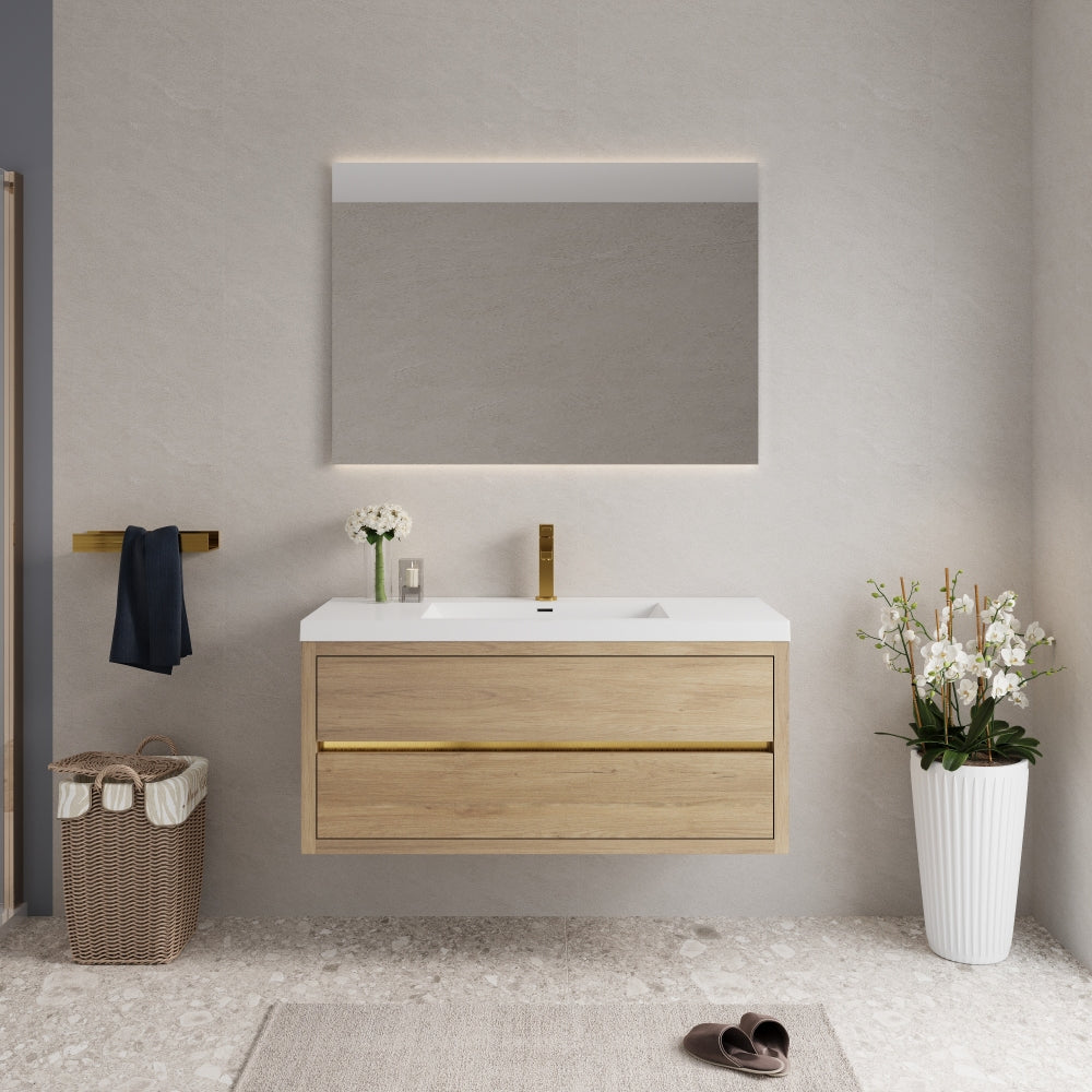 48" Wall-Mounted Bathroom Vanity with Sink, Floating Bathroom Storage Cabinet with Stone Resin Countertop and Soft Close Drawers, Natural Oak 24V15-48NO