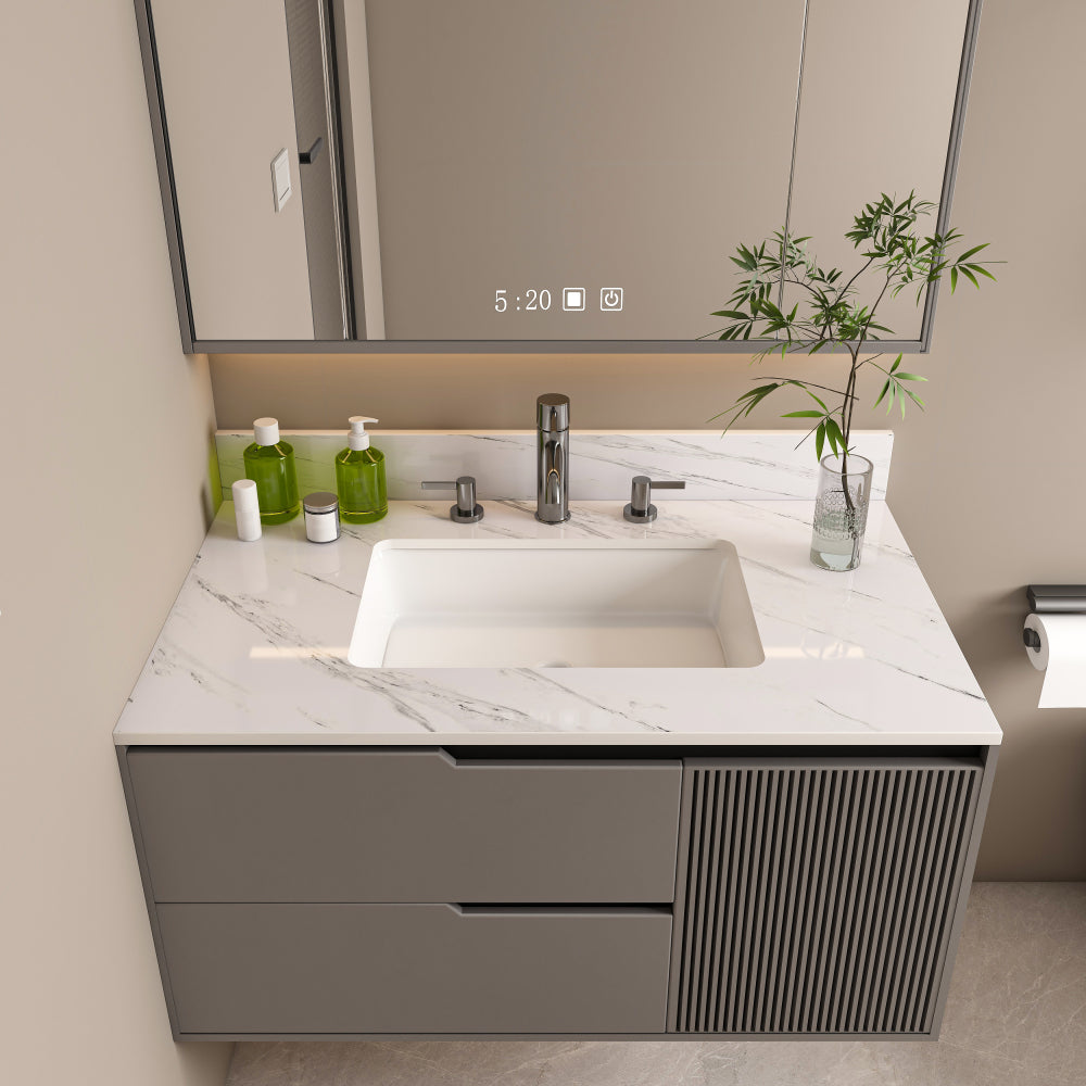 37 Inch Marble Vanity Top, White Vanity Top with 1 Pre-drilled Faucet Holes, Bathroom Vanity Top with Undermount Rectangular Middle Sink and 4" Height Backsplash, Bianco Carrara Venato