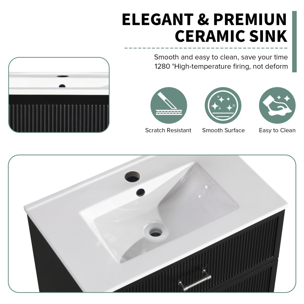 30 Inch Bathroom Vanity with Ceramic Sink Combo Set, Modern Freestanding Bathroom Storage Cabinet with 2 Drawers, Floor Standing Bath Vanity, Black