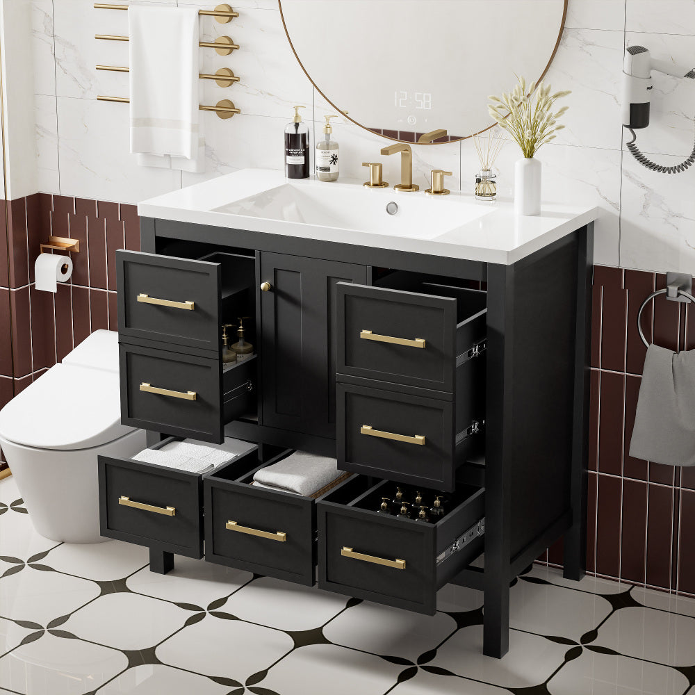 36'' Bathroom Vanity without Sink, Solid Wood Frame Bathroom Storage Cabinet, Freestanding Vanity with 5 Drawers& Soft Closing Doors (NOT INCLUDE BASIN SINK )