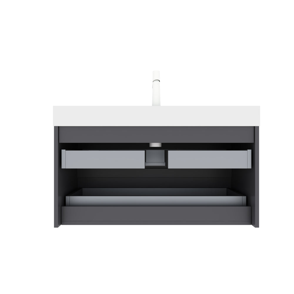 VENO 36" Bathroom Vanity with Undermount Sink, Modern Wall-Mounted Floating Plywood Striped Bathroom Storage Cabinet with 2 Drawers, White Integrated Rectangular Basin without Faucet, Gray Color