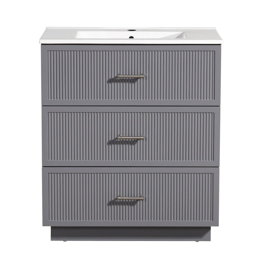 24 Inch Bathroom Vanity with Ceramic Sink Set, Modern Freestanding Bathroom Storage Cabinet with 2 Drawers, Floor Standing Bath Vanity Combo, Gray