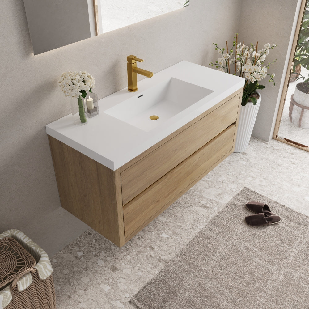 48" Wall-Mounted Bathroom Vanity with Sink, Floating Bathroom Storage Cabinet with Stone Resin Countertop and Soft Close Drawers, Natural Oak 24V15-48NO