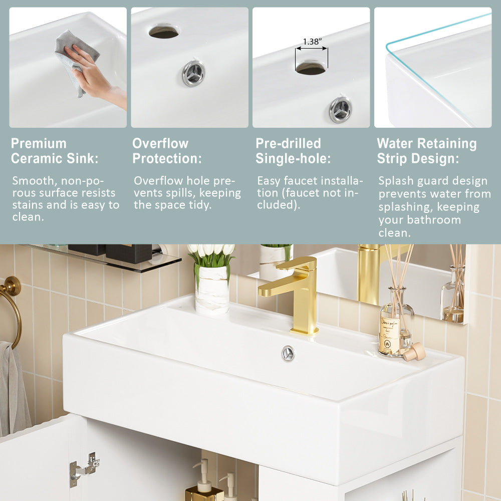 21.6" White Bathroom vanity, Combo Cabinet, Bathroom Storage Cabinet, Single Ceramic Sink, Right Side Storage