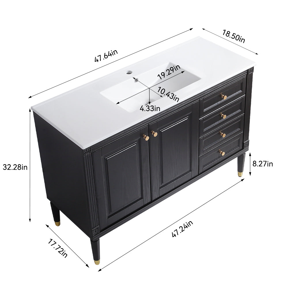 48'' Bathroom Vanity with Top Sink, Bathroom Storage Cabinet with 2 Soft Closing Doors and 3 Drawers, Single Sink Bathroom Vanity. black