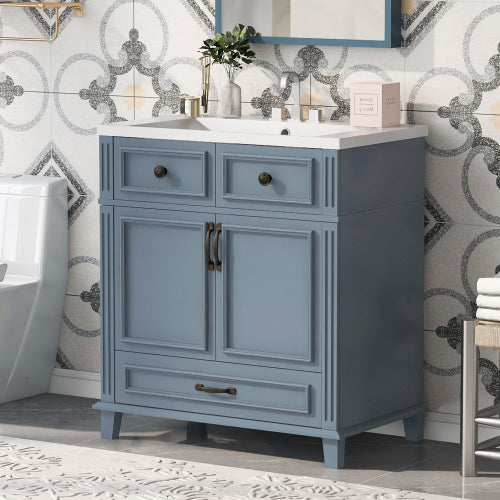 30'' Bathroom Vanity with Resin Sink,Solid Wood Frame Bathroom Storage Cabinet with Soft Closing Doors,Retro Style, Blue