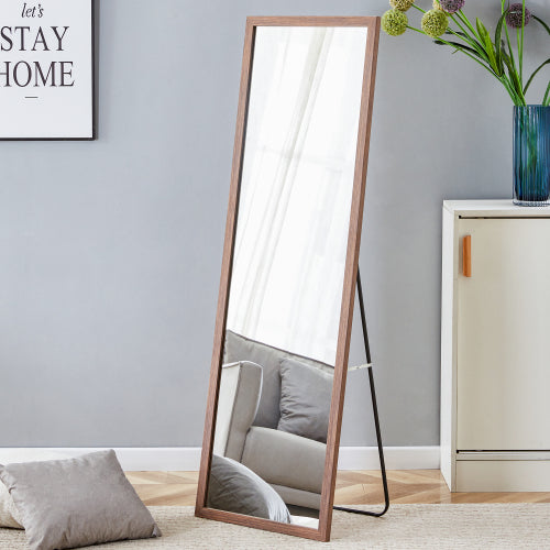 Third generation packaging upgrade, thickened border, brown wood grain solid wood frame full length mirror, dressing mirror, bedroom entrance, decorative mirror, and floor standing mirror. 57.9"*18.1"