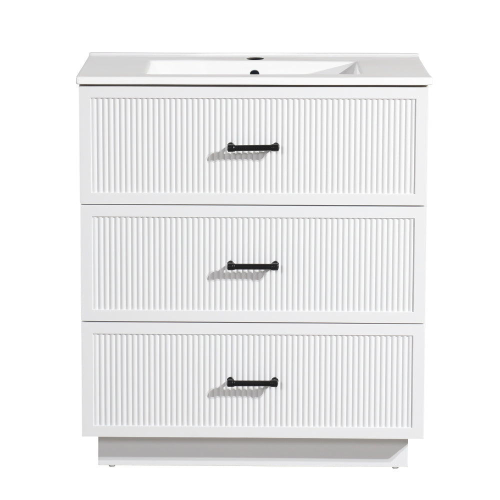 24 Inch Bathroom Vanity with Ceramic Sink Set, Modern Freestanding Bathroom Storage Cabinet with 2 Drawers, Floor Standing Bath Vanity Combo, Gray