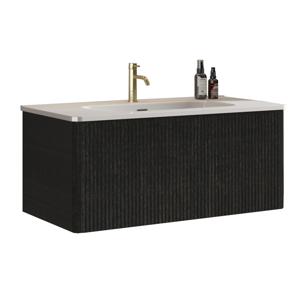 U058-Etna36W-308 Etna 36" Striped Brushed Black Oak Floating Bathroom Vanity with White Ceramic Sink, Bathroom Vanity for Modern Bathroom, Pre-assembled