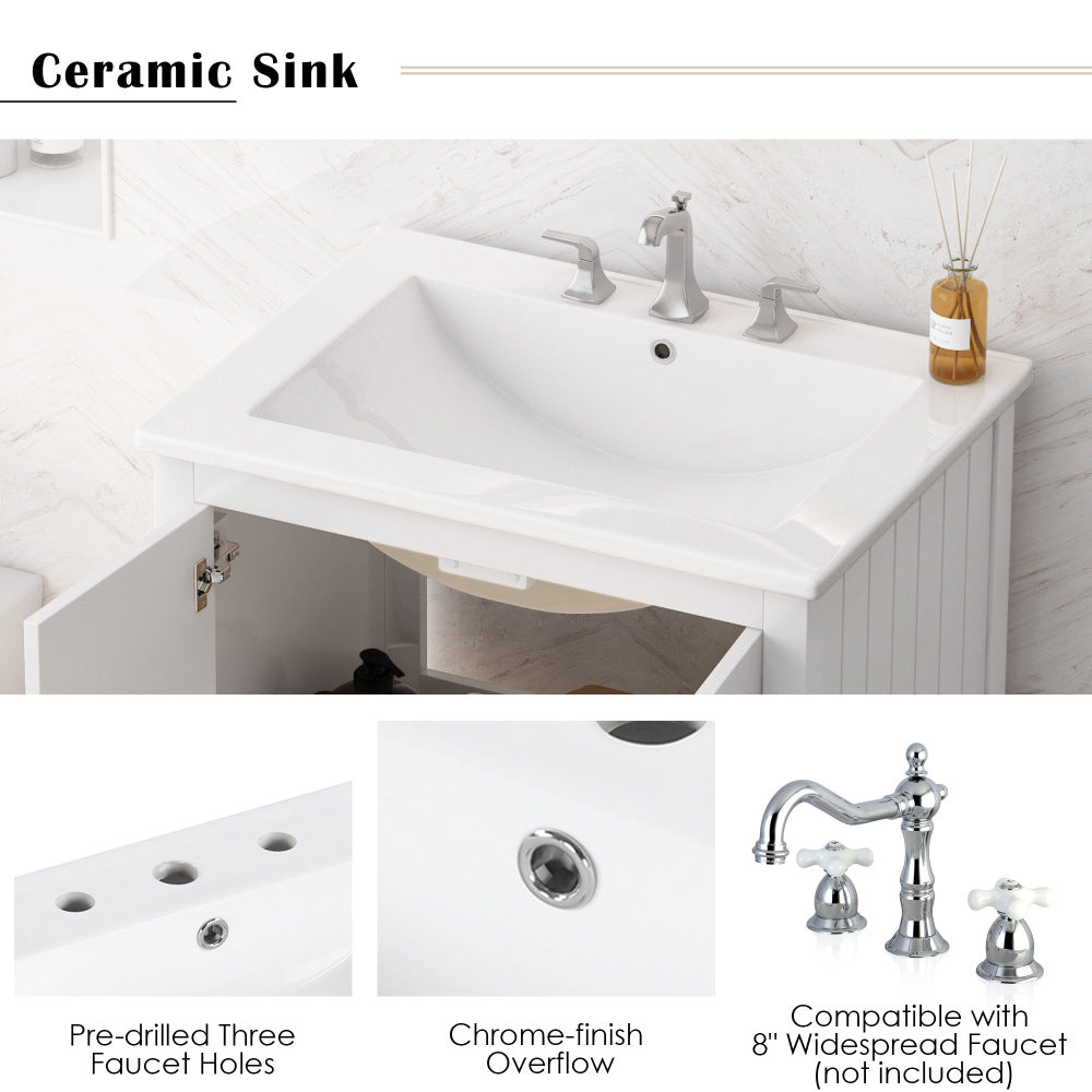 24" White Modern Sleek Bathroom Vanity Elegant Ceramic Sink with Solid Wood Frame Open Style Shelf