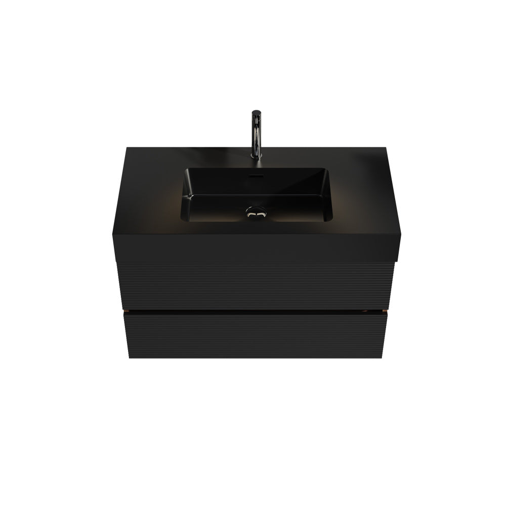 Grace 36" Walnut Bathroom Vanity with Matt Black Engineered Quartz Sink and Soft Black Drawers, Wall Mounted Floating Bathroom Vanity for Modern Bathroom, One-Piece Matt Black Basin, KD
