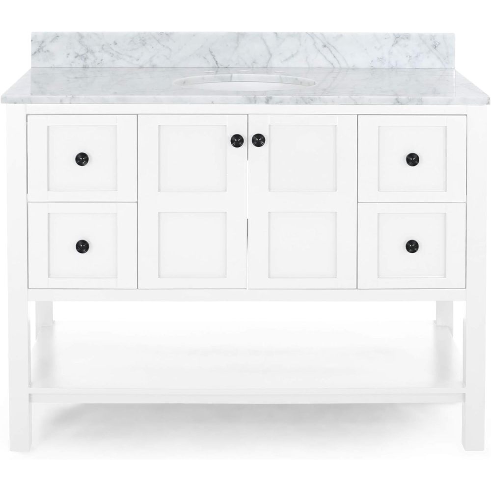 49'' Bathroom Vanity with Marble Top & Ceramic Sink, Two Doors, 4 Drawers, Open Shelf, White