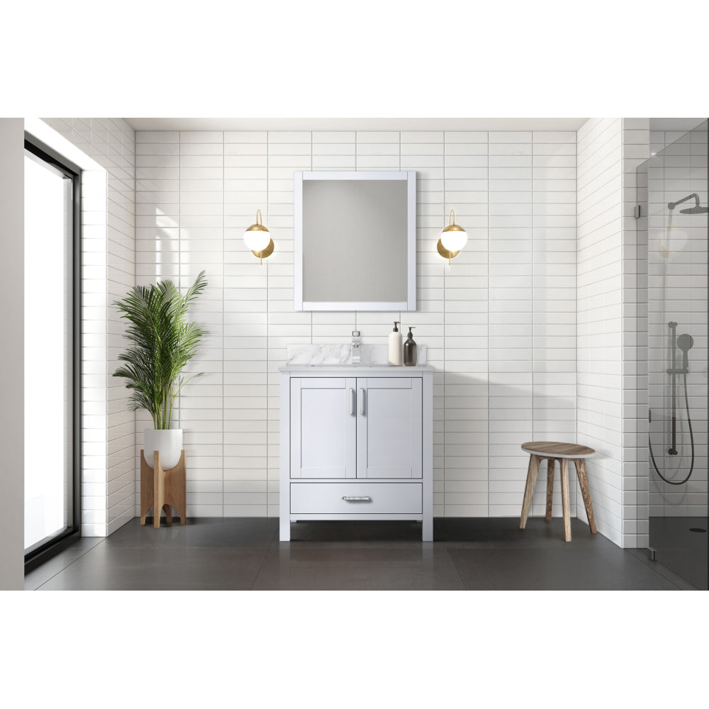 White Bath Vanity 30 in. W x 22 in. D, Carrara Marble Top, and Faucet Set