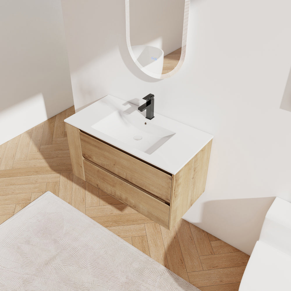 36" Wall Mounting Bathroom Vanity With Ceramic Sink, Soft Close Drawer