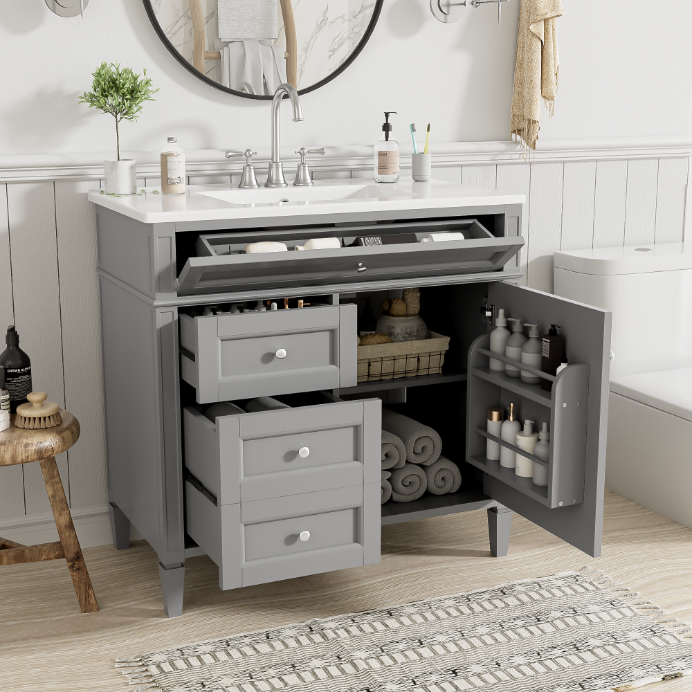 36'' Bathroom Vanity with Top Sink, Modern Bathroom Storage Cabinet with 2 Drawers and a Tip-out Drawer, Single Sink Bathroom Vanity