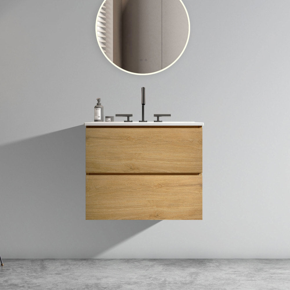 Wall Mount 30" Natural Oak Bathroom Vanity with Ceramic Sink with three faucet holes, Large Storage Floating Bathroom Vanity for Modern Bathroom, Pre-assembled