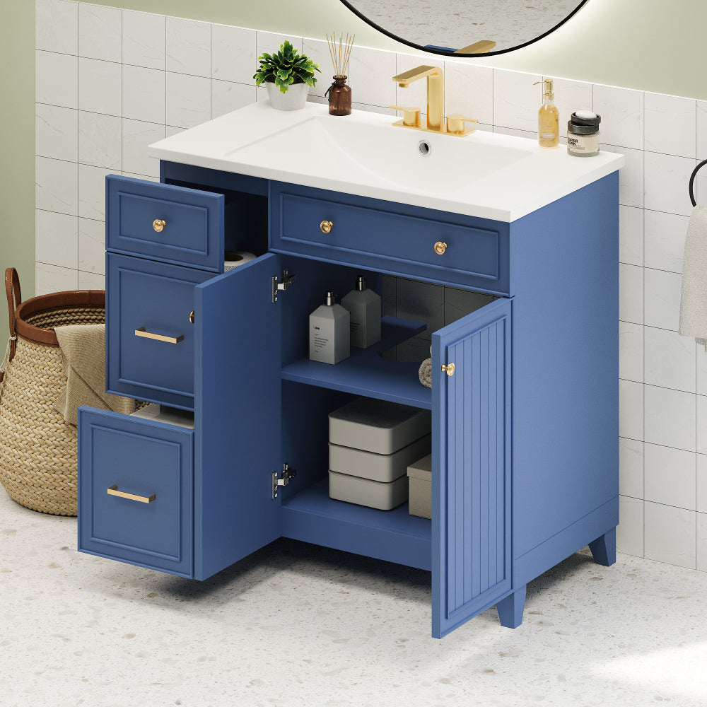 36-inch Bathroom Vanity, Transitional Style Bathroom Cabinet with Resin Sink, Navy Blue Single Bathroom Cabinet, with 2 Drawers and 1 Adjustable Storage Shelf, 2 Soft-close Doors