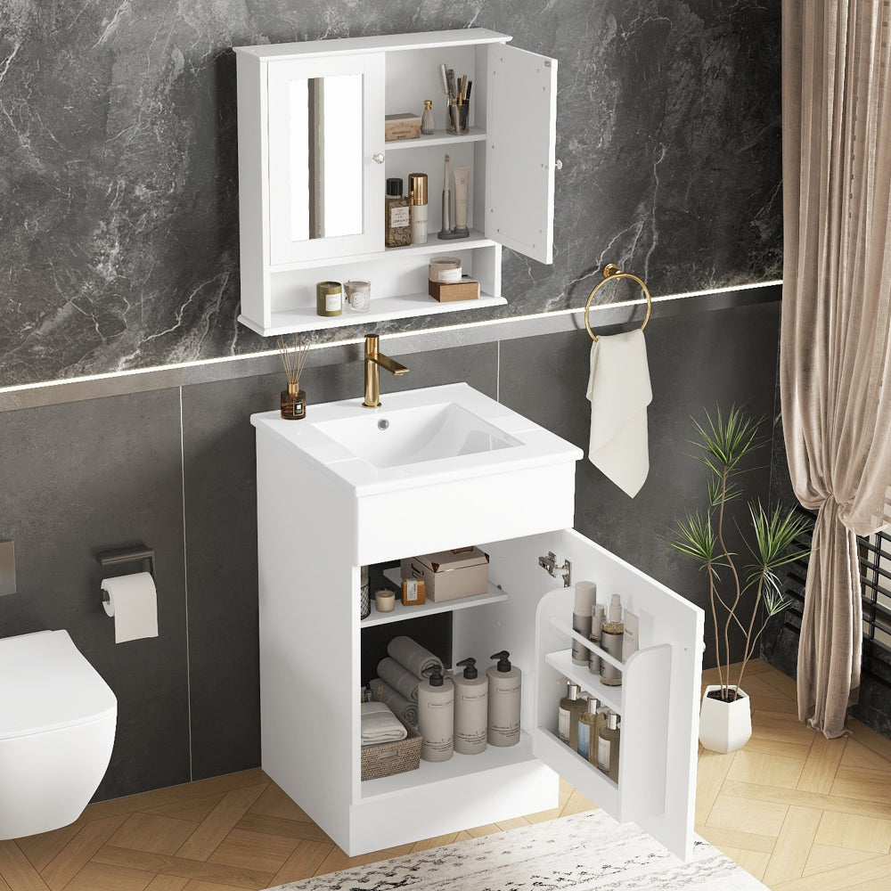 20" Bathroom Vanity with Matching Mirror Medicine Cabinet Combo Set, Modern Bathroom Storage Cabinet with Ceramic Sink, Wall-Mounted Medicine Cabinet for Bathroom, White