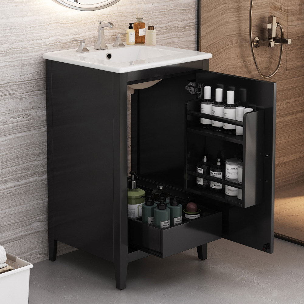 20.3" Bathroom Vanity with Sink, Functional Drawer, Door Shelf, Soft-closing Door, Black