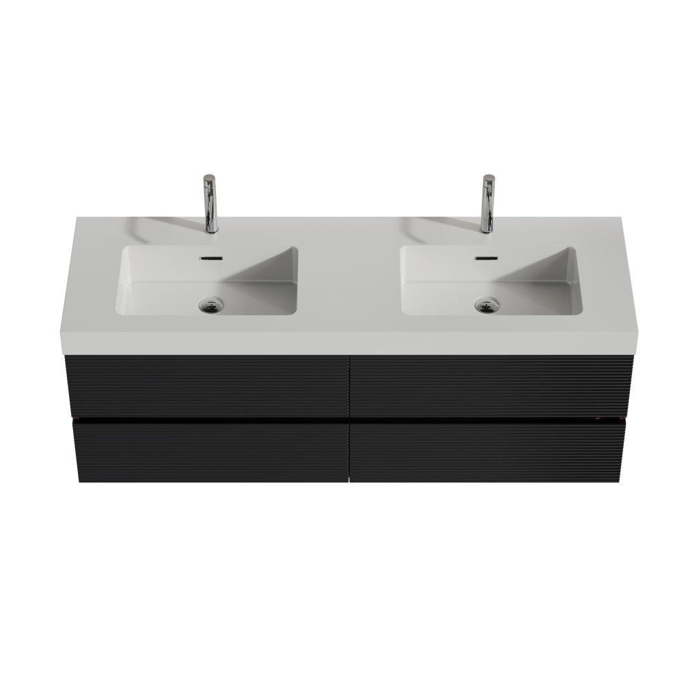 Grace 60" Walnut Bathroom Vanity with Glossy White Solid Surface Sink and Soft Black Drawers, Wall Mounted Floating Bathroom Vanity for Modern Bathroom, One-Piece Glossy White Basin, Pre-assembled