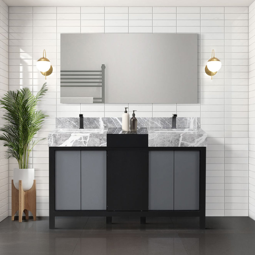 Black and Grey Double Bath Vanity 55 in. W x 22 in. D, Castle Grey Marble Top, Gun Metal Faucet Set and 53 in. Mirror