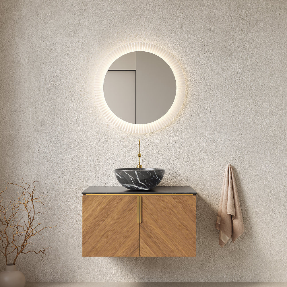 ARAI 60" Bathroom Vanity with Sink, Modern Wall-Mounted Plywood Bathroom Storage Cabinet with 4 Doors, Black Sintered Stone Countertop and 2 White Round Ceramic Basins, Espresso Woodgrain Color